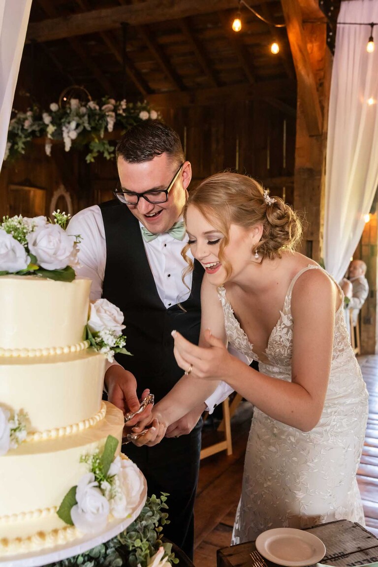 bride and groom cut their cake at their wedding in pinhole at eisler farms