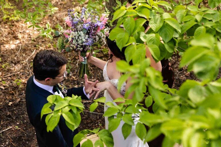 fantastic documentary wedding photo taken after the ceremony when bride and groom compare rings, surrounded by green foliage