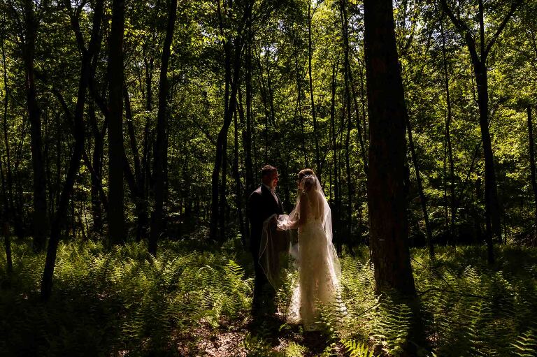 bride and groom standing in a field of ferns in the woods, surrounded by beautiful light, at the all in one wedding venue at pinehall at eisler farms