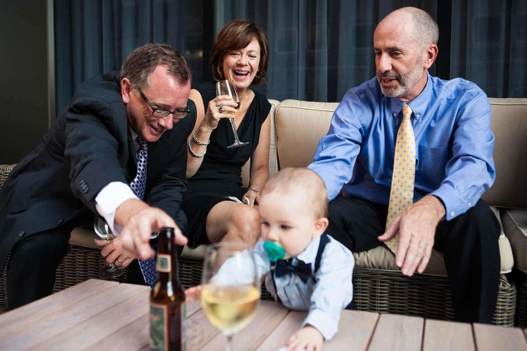 candid moment of baby reaching for beer, at small wedding pittsburgh