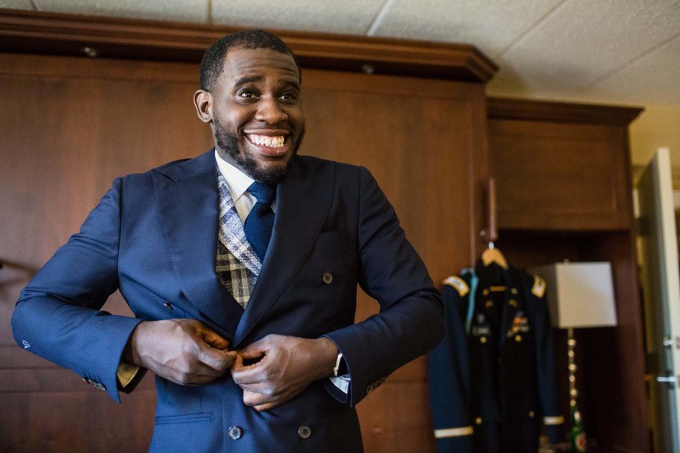 candid moment of groom laughing, just before his wedding in pittsburgh