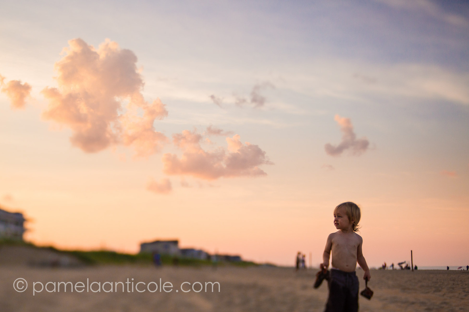 young boy on sandbridge beach at sunset