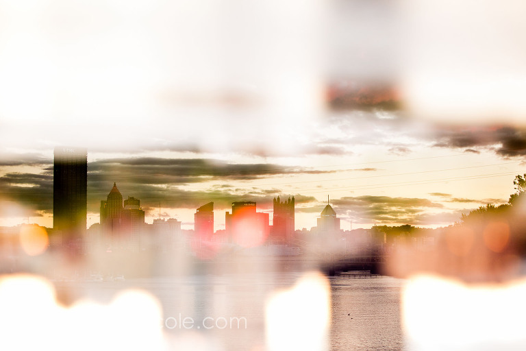 original art of pittsburgh skyline, multiple exposure cityscape, washington's landing