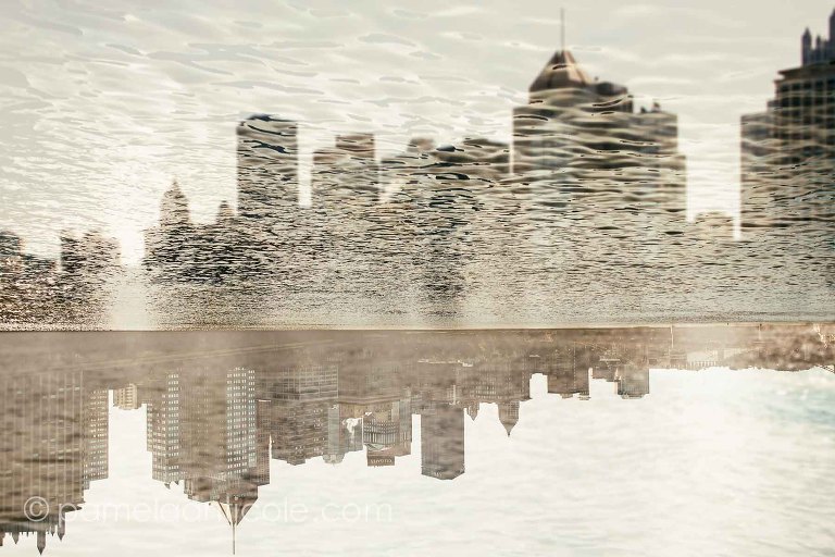 unique pittsburgh art print gift, abstract cityscape over the water