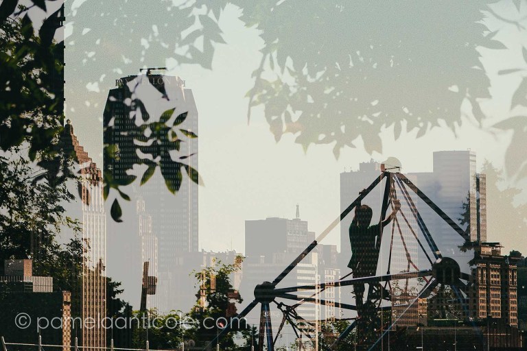 abstract urban photography, double exposures, pittsburgh, original pittsburgh art, frick park, kids climbing, stock photography