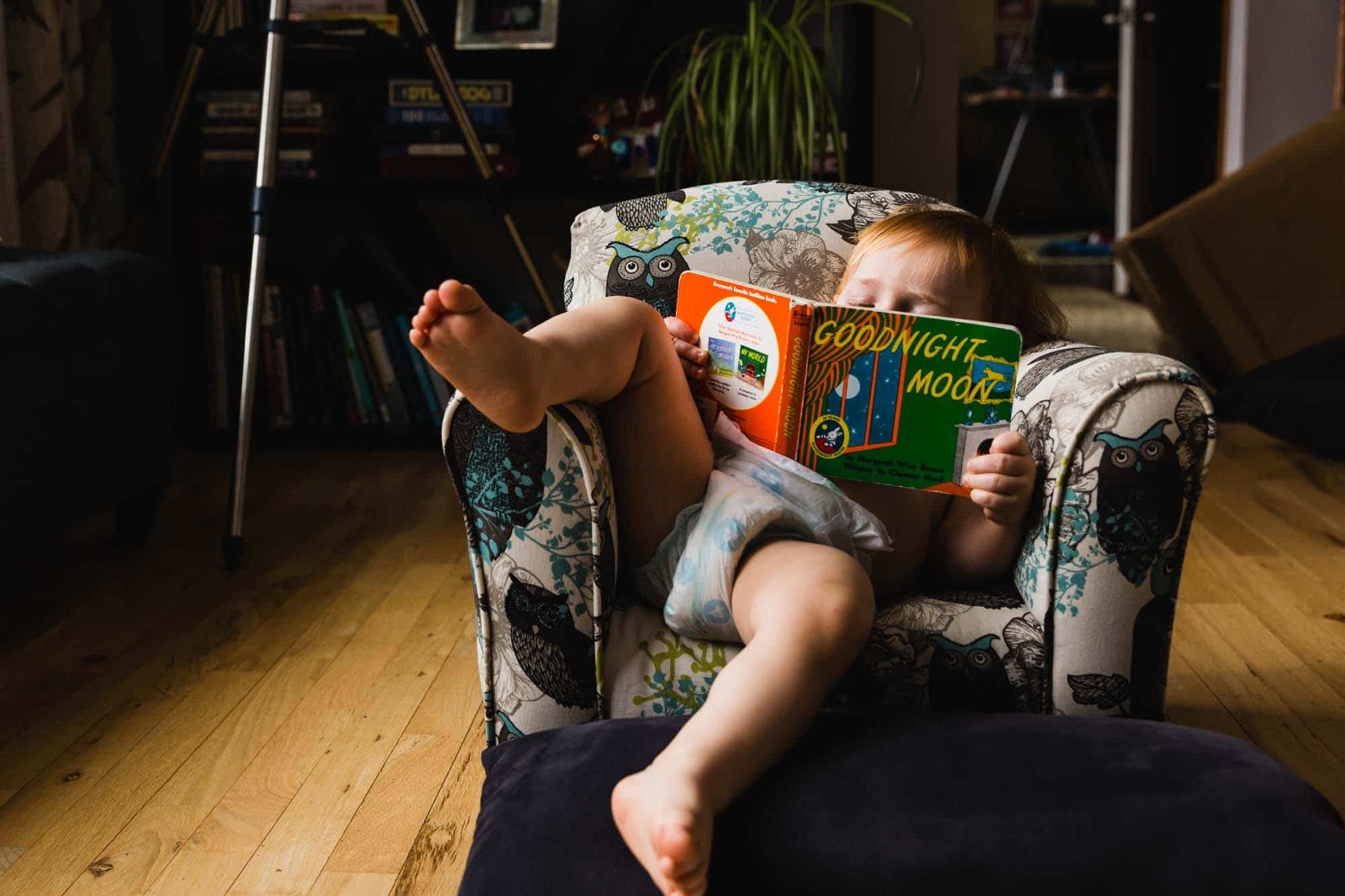 toddler reading book in small chair, lounging with leg over arm of chair