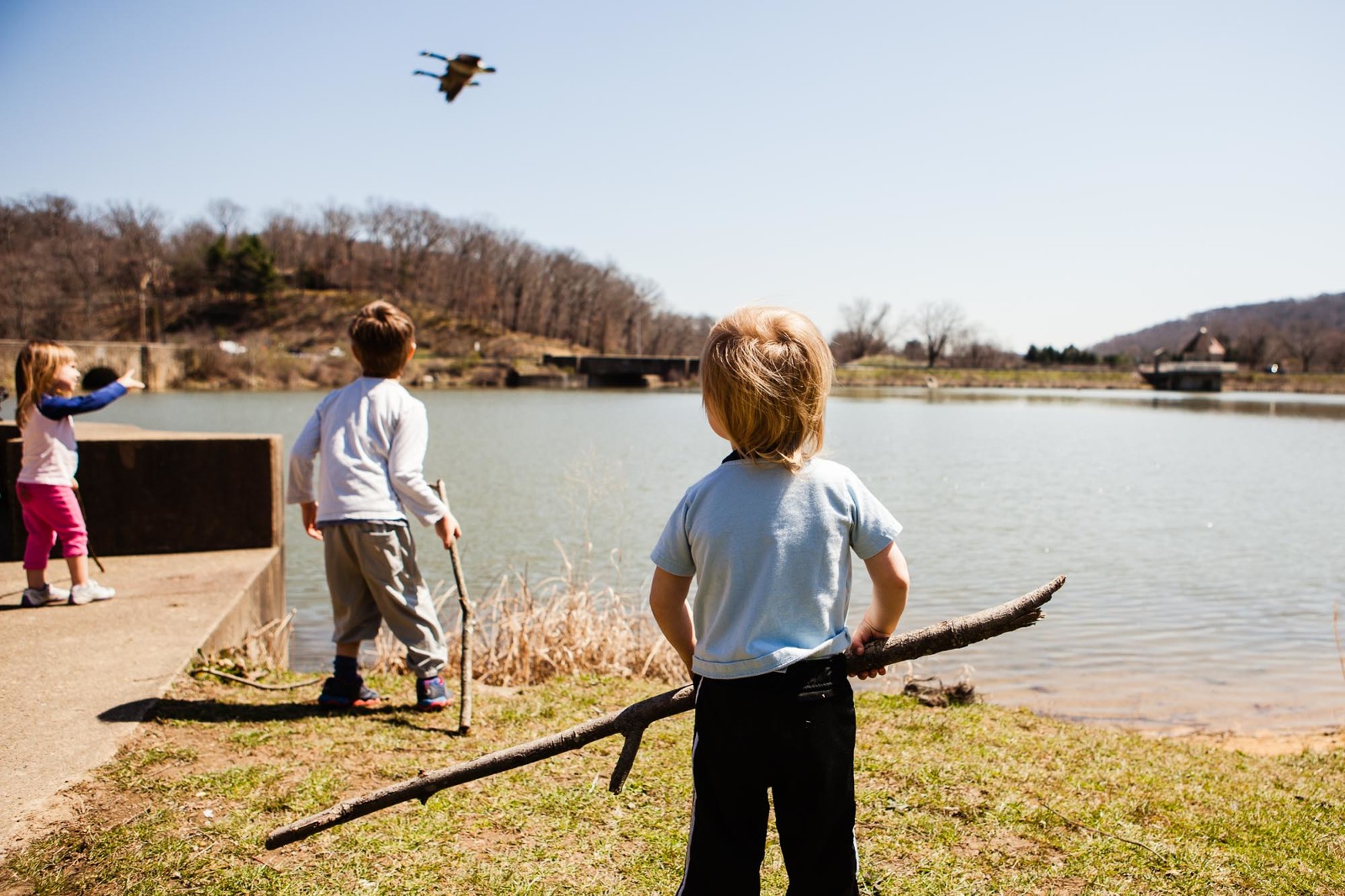 3 little kids playing with sticks and watching birds fly over a lake