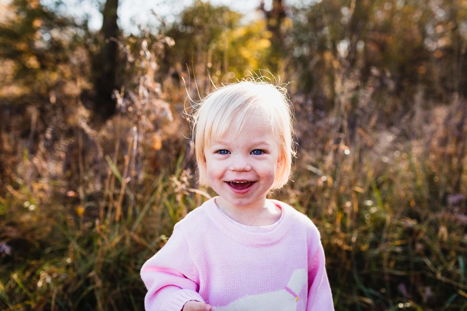 picture of little girl standing in a field of tall grass, wearing a pink sweater and smiling