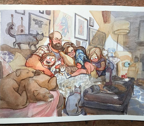 storytelling style watercolor painting of family portrait done by jared cullum