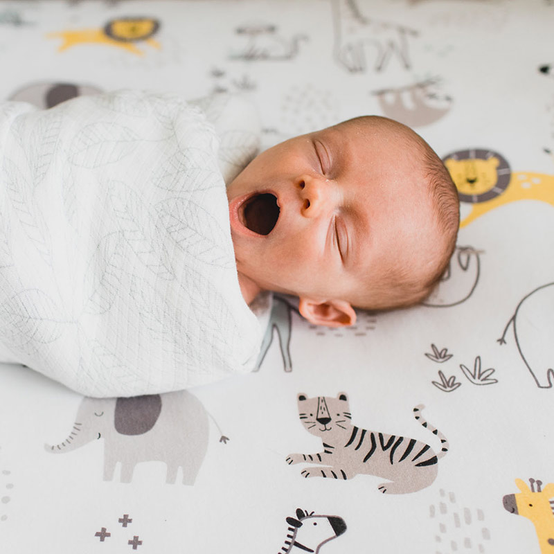 newborn baby in her crib, wrapped up and yawning
