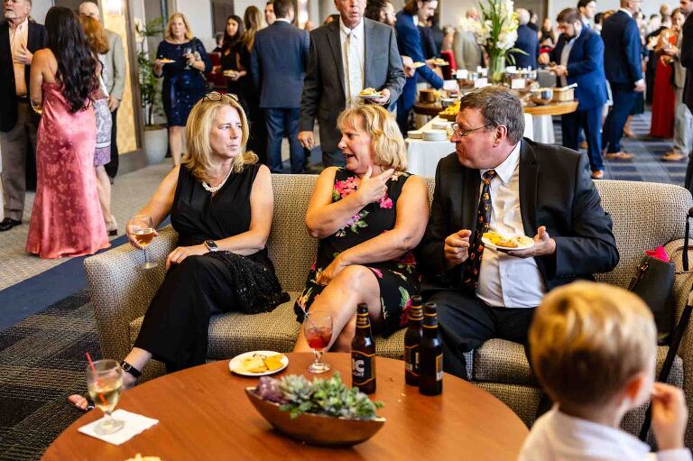 guests mingle in the cocktail hour space at the power center at duquesne university weddings