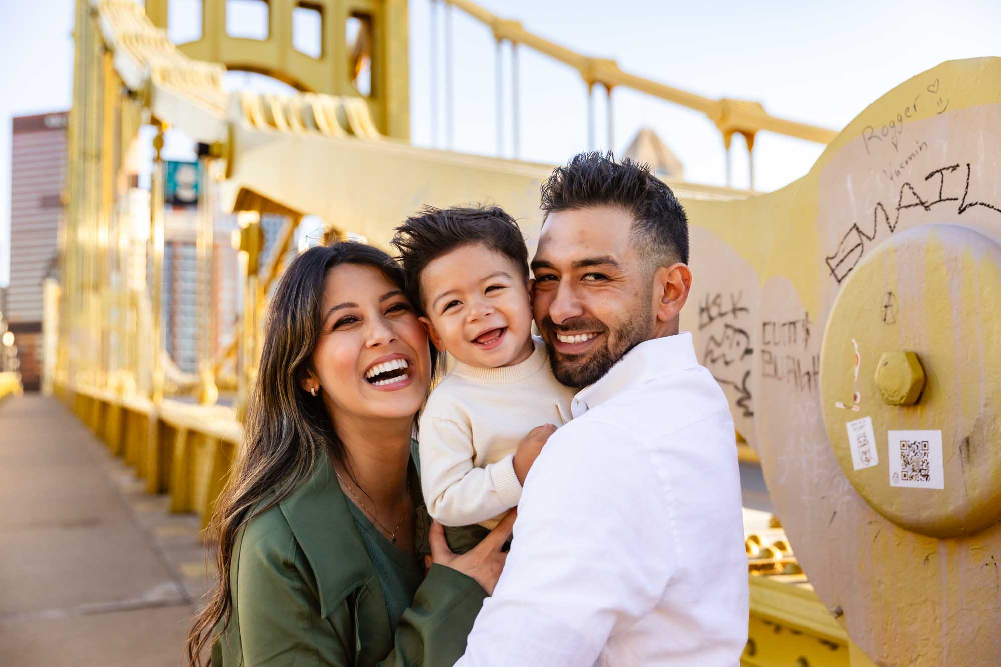 Pamela Anticole offers photography mini sessions at various locations in the Pittsburgh area, including this classic Pittsburgh spot on the iconic yellow bridges.