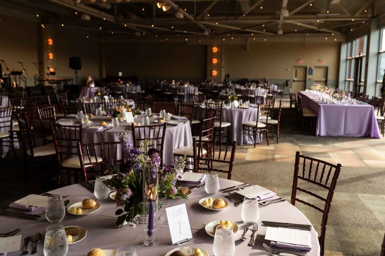 mueller center ballroom is set up for a heinz history center ballroom, with lavender details and candles